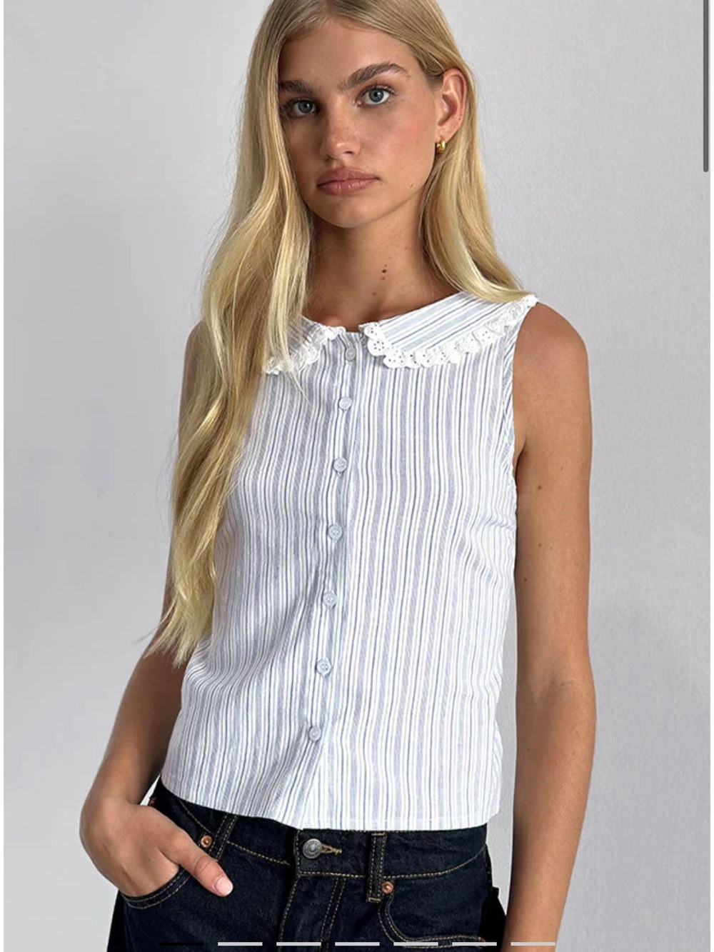 Motel Kitami White & Blue Striped Sleeveless Button-Up Top with Lace Collar